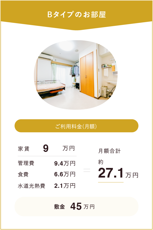 お部屋タイプ別の料金表です。例としてBタイプは月額27.1万円の費用がかかります